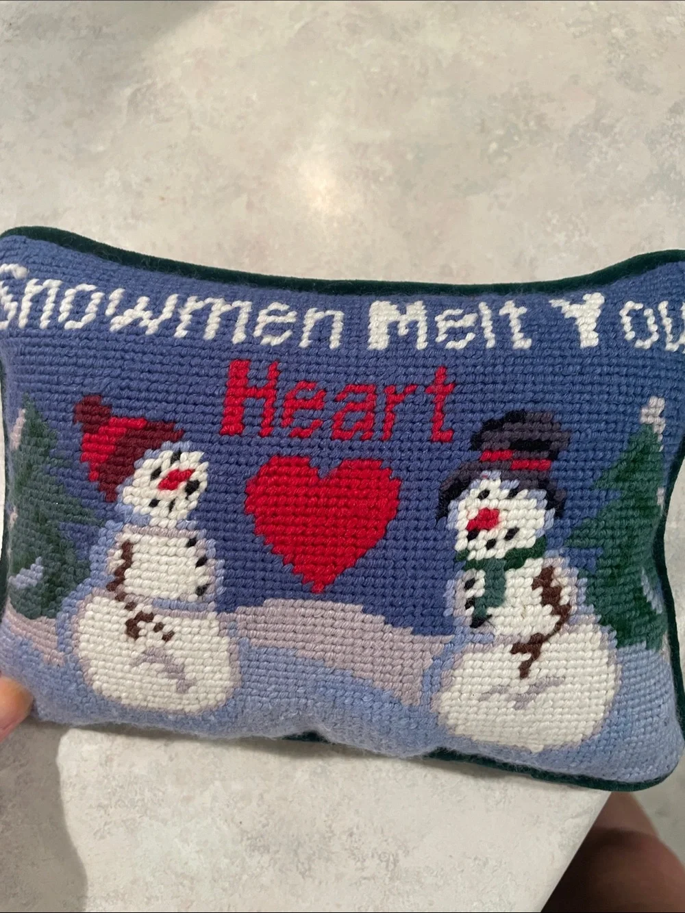 Holiday Snowmen Heart Decorative Needlepoint Pillow